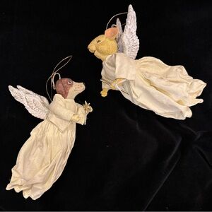 Dog and Mouse Angel Ornaments in Ivory Gowns and Detailed Wings